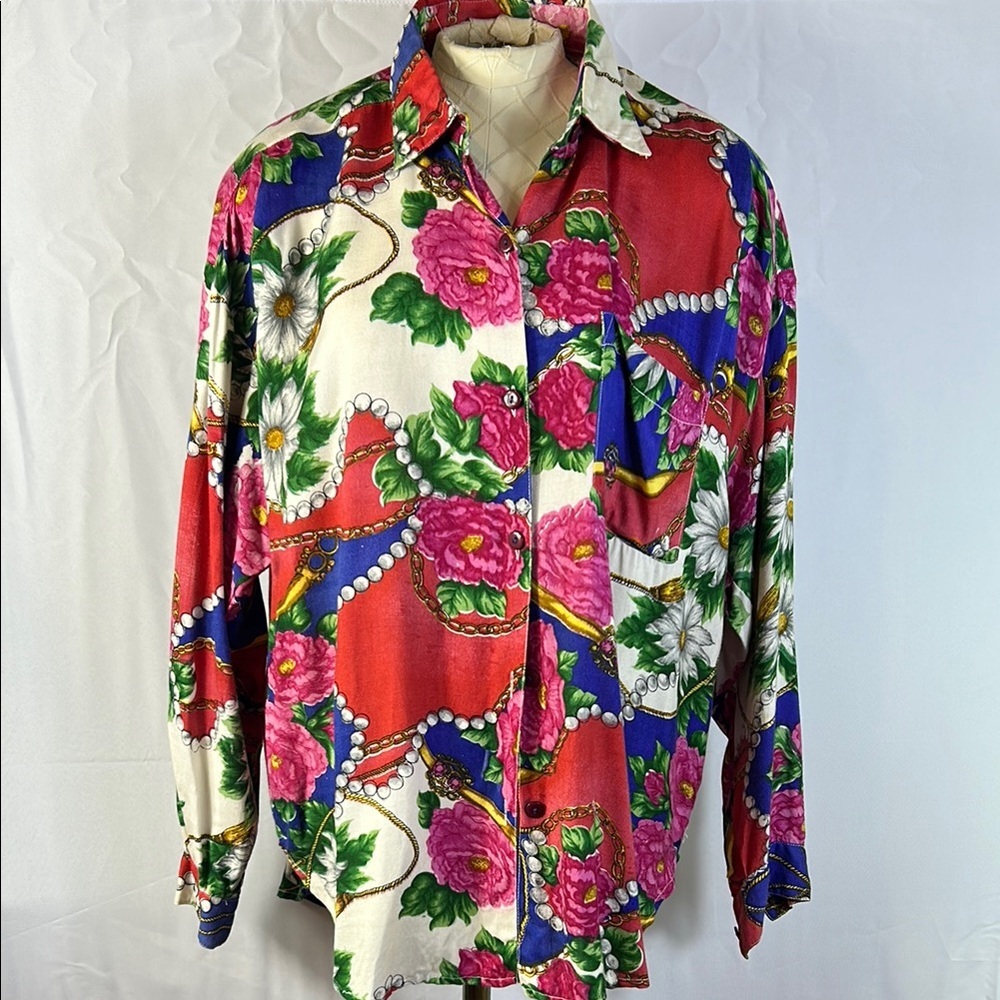 Hot Gossip Red and Pink Floral Button Down Shirt with Long Sleeves Size Large